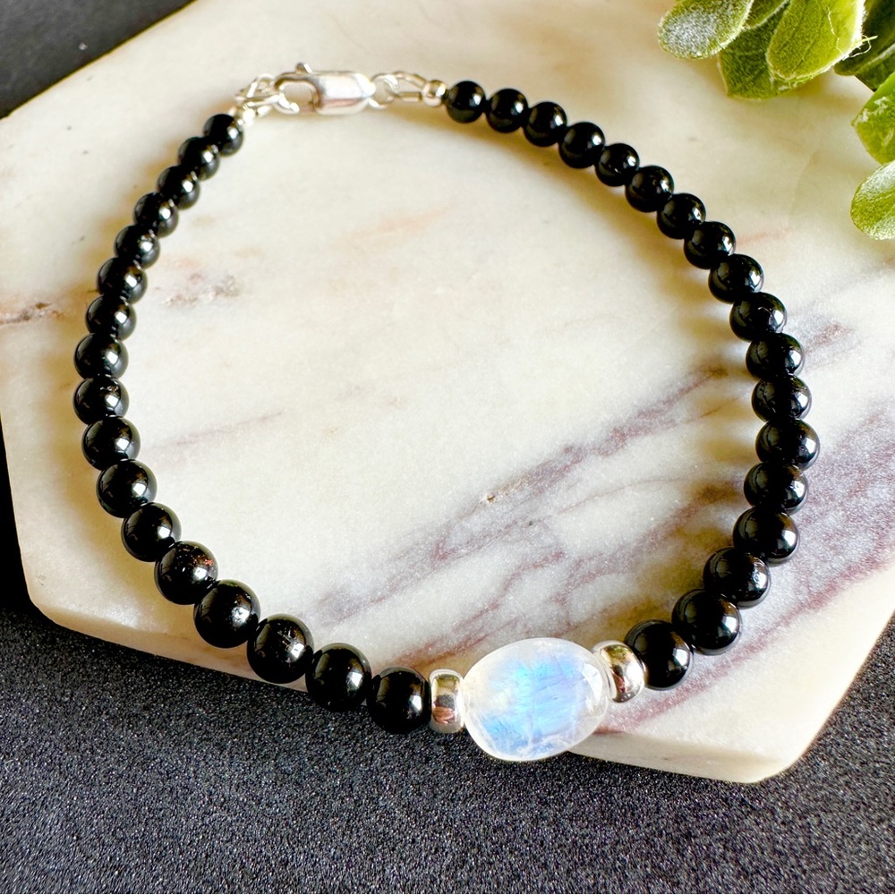 Mens Moonstone and Black Tourmaline Bracelet beaded Protection Jewelry